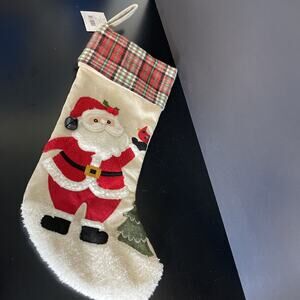 Christmas Stocking Santa Jingle New with Tags Linen Applique Bell Trim Plaid Top